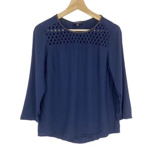 Caroll Navy Blue French Designer Eyelet Cutout Black Piping Neckline Blouse